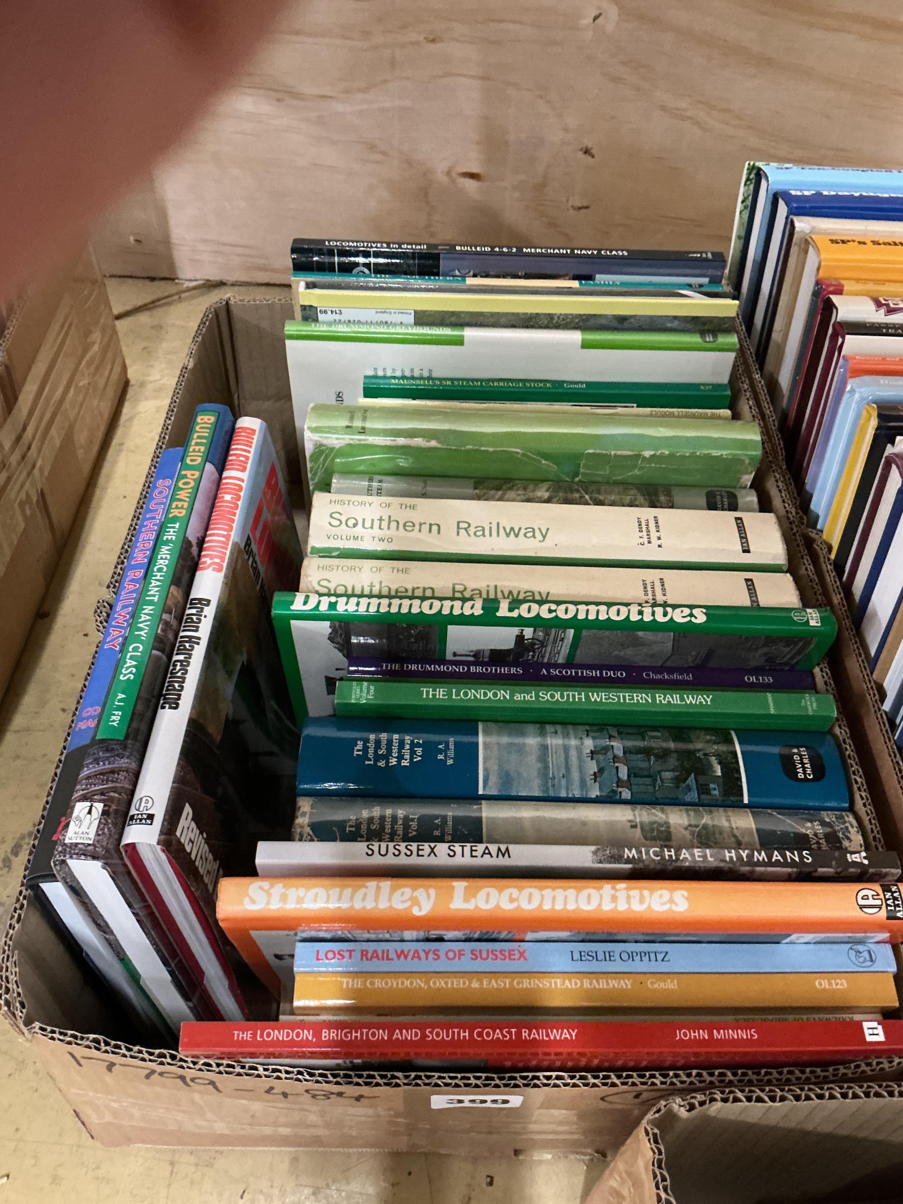 Three boxes of railway related books, subjects include; Stroudley Locomotives, Sussex Steam, the LSWR, Drummond Locomotives, the History of the Southern Railway, Sir Daniel Gooch, the Engine Driver’s Manual, A Pictorial